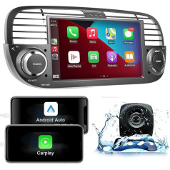 ANKEWAY RDS auto radio Fiat 500 2007-2015, 7 collu [2G + 32G] Android 2 DIN auto radio ar Wireless Carplay + Wireless Android Car, WiFi, Bluetooth, GPS NAV, atpakaļgaitas kamera (melns)