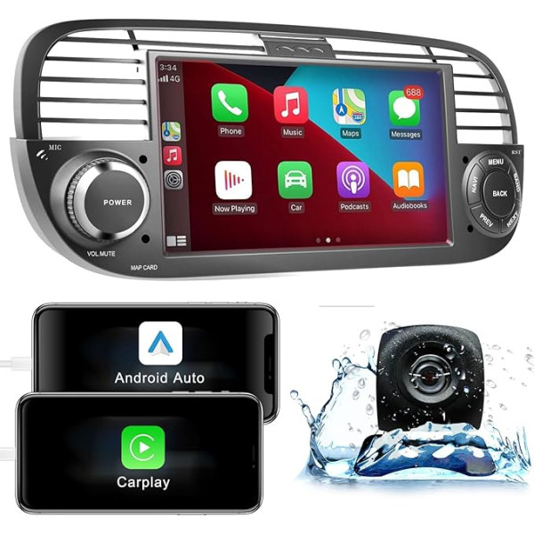 ANKEWAY RDS auto radio Fiat 500 2007-2015, 7 collu [2G + 32G] Android 2 DIN auto radio ar Wireless Carplay + Wireless Android Car, WiFi, Bluetooth, GPS NAV, atpakaļgaitas kamera (melns)