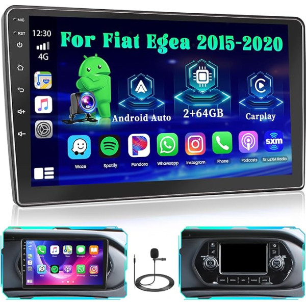 Hikity 2 + 64 GB Android 13 Auto radio Double DIN Fiat EGEA 2015-2020 ar bezvadu CarPlay Android Car Mirror Link 9 collu skārienjūtīgais ekrāns ar navigāciju WiFi SWC FM RDS USB Mic Reversing