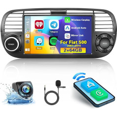 Inefala 2+64GB Android Carplay autoradio Fiat 500 2007-2015, 7 collu skārienjūtīgais ekrāns ar CarPlay Android Car, Bluetooth, Mirror Link, WiFi, GPS, RDS FM, AHD atpakaļgaitas kamera (melns)