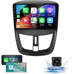 Podofo Auto radio Peugeot 207 2006-2015 ar bezvadu Carplay Android Car, 8 kodolu, 4+64G, 9 collu skārienjūtīgais ekrāns, Bluetooth 5.0/WiFi/Mirror Link/GPS/FM/AM/RDS+atgriešanas kamera