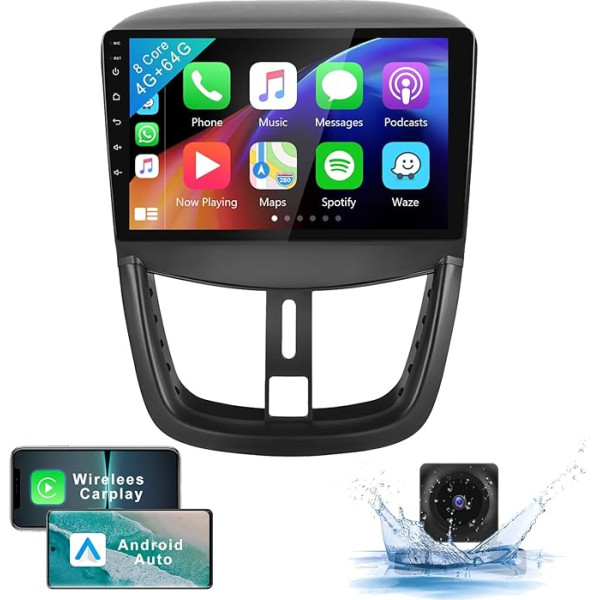 Podofo Auto radio Peugeot 207 2006-2015 ar bezvadu Carplay Android Car, 8 kodolu, 4+64G, 9 collu skārienjūtīgais ekrāns, Bluetooth 5.0/WiFi/Mirror Link/GPS/FM/AM/RDS+atgriešanas kamera