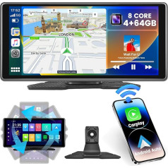 8 kodolu + 4GB RAM + 64GB ROM Hikity Portable Car Radio Android 13 ar 10,36 collu ekrānu Bezvadu CarPlay Bezvadu Android auto, skārienjūtīgais Carplay displejs ar navigāciju FM BT AUX SWC