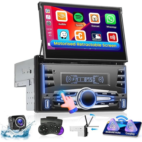 Ohradio 2-DIN autoradio ar motorizētu, izvelkamu 7 collu ekrānu, Bluetooth radio ar bezvadu Carplay un bezvadu Android Car Mirro Link USB FM radio atpakaļgaitas kamera + mikrofons