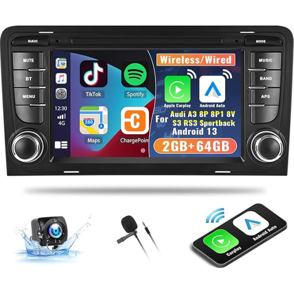 CAMECHO 2G + 64G Android 13 auto radio priekš Audi A3 8P 8P1 8V S3 RS3 Sportback ar bezvadu Carplay Android Car, 7 collu ekrāns, auto radio ar Bluetooth GPS FM RDS SWC Mirror Link + atpakaļgaitas kamera