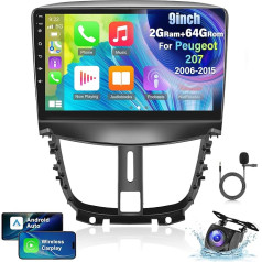 2+64G auto radio Peugeot 207 2006-2015 - Bezvadu Carplay & Android Car - 9 collu Android 13 auto radio ar WiFi GPS EQ FM RDS + AHD atpakaļgaitas kamera un mikrofons