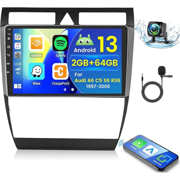 2+64GB Android 13 Auto radio Audi A6 C5 S6 RS6 1997-2006 Radio Wireless Carplay Android Car, 9 collu IPS Touch Screen radio ar atpakaļgaitas kameru, Bluetooth, navigāciju, WiFi, DSP, EQ, Mirror Link