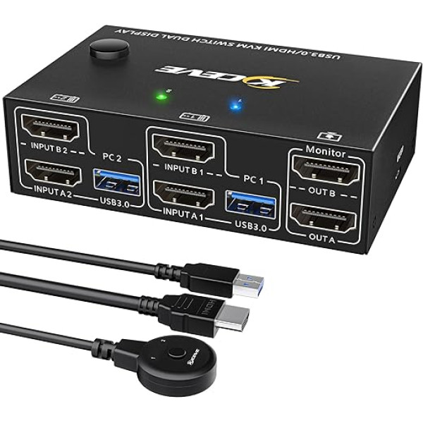 USB 3.0 HDMI KVM slēdzis 2 datoru 2 monitoriem, EDID emulators, 4K @ 60Hz Extended Display, HDMI 2.0, divu monitoru KVM slēdzis 2 monitoriem, koplieto bezvadu tastatūru, peli, vadu tālvadības pulti un 4 kabeļus