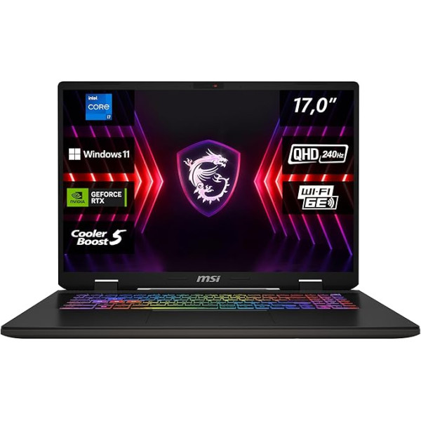 MSI Sword 17 HX spēļu klēpjdators, 43,2 cm (17,0 collas), QHD+, Intel Core i7 procesors 14700HX, 16 GB DDR5 RAM, 1 TB SSD, NVIDIA® GeForce RTX™ 4070, Windows 11 Home, QWERTZ tastatūra, melns, B14VGKG-037