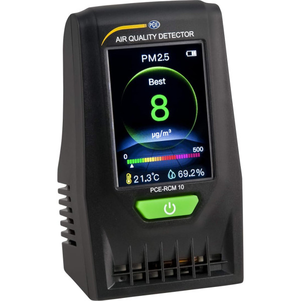 Gaisa kvalitātes mērītājs PCE-RCM 10 putekļu slodzes/PM 2,5 un PM 10 mērīšanai/gaismas signāla funkcija/grafikas displejs/akumulatora un tīkla darbība
