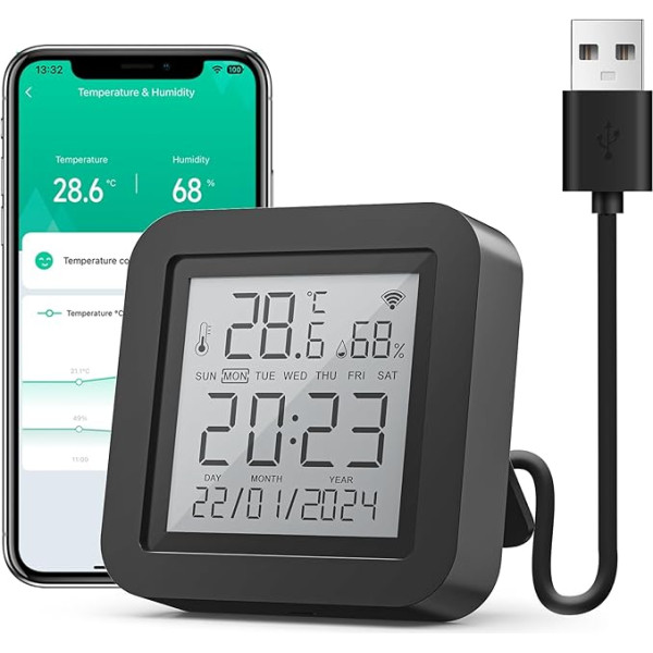 GHome viedais WiFi termometrs higrometrs, viedā infrasarkanā tālvadības pults, digitālais temperatūras mitruma mērītājs ar App paziņojumu signālu, saderīgs ar Alexa un Google Assistant (1 iepakojums)