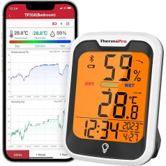 ThermoPro TP358 Bluetooth higrometrs iekštelpu termometrs ar laiku 0,5°C precīzs nakts gaismas mitruma mērītājs ar ieraksta termometru iekštelpās guļamistabai, birojam, vīna pagrabam, siltumnīcai