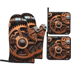 YYYHHAOFA Steampunk mehāniskās mehāniskās ārējās siksnas Muster Küche Backen vierteiliges Set - isolierter Ofenhandschuh und Topflappen, dick und langlebig