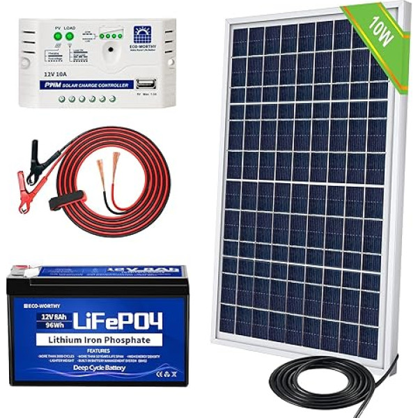 ECO-WORTHY saules paneļu sistēma, 12 V, 10 W, 25 W polikristāliskais PV panelis ar 3 vadu 30 A akumulatora skavām, 182 cm pagarināšanas kabelis un 3 A / 12 V / 24 V fotoelementu sistēma kempingam