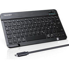 TECKNET uzlādējama Bluetooth tastatūra ar 80 cm USB kabeli, īpaši plāna bezvadu Bluetooth tastatūra ar vācu izkārtojumu QWERTZ BT5.1 Portable Wireless Keyboard Bluetooth Windows, iOS, Android