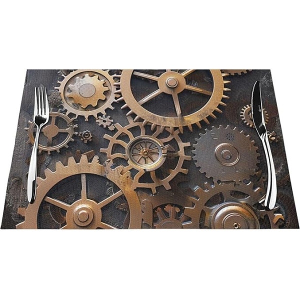 Steampunk Tischset mit mechanischen Zahnrädern, bedruckt, PVC, 45 x 30 cm, hitzebeständig, Tischset für Esstisch, Küche, Partys, 6 Stück