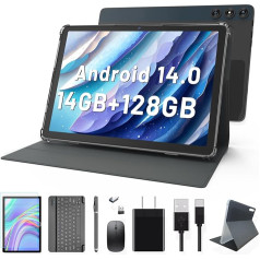 KADYBE Android 14 planšetdators 10 collas, 12 GB + 128 GB ROM (1TB TF), Octa-Core, GMS sertifikāts, 8 + 13 MP, 1,8 GHz, 7000 mAh, planšetdators ar tastatūru, peli un pildspalvu, sudraba krāsā