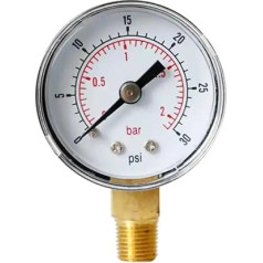 40-mm-Druckmessgerät, 1/8 Zoll BSPT, unten montiert, Genauigkeit 2,5 %, maksimali temperatūra 60 °C, skirtas Luft, Wasser, Kraftstoff, Flüssigkeiten, 1 Stück(0-2bar 0-30psi)