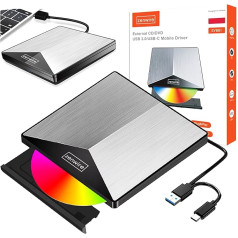 Zenwire ārējais DVD diskdzinis 2-in-1 Portatīvais CD DVD ierakstītājs USB 3.0 / USB-C 3.1 ārējais CD disks datoru portatīvajam datoram, kas saderīgs ar MacBook Windows 11/10/8/8.1/7/Vista/XP Mac OS un Linux