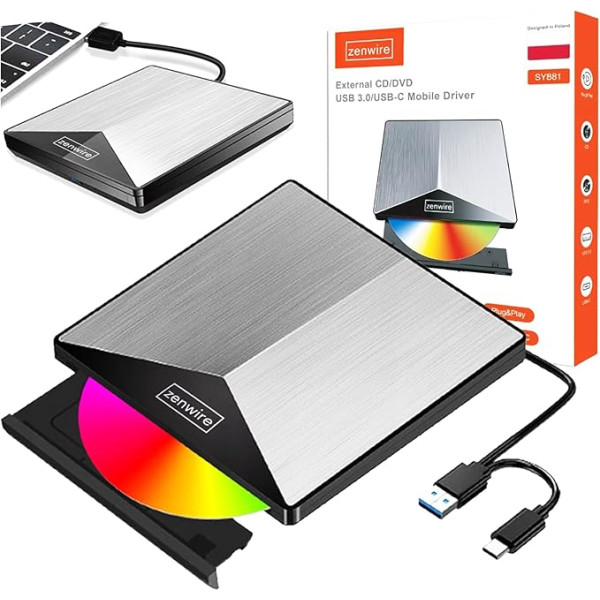 Zenwire ārējais DVD diskdzinis 2-in-1 Portatīvais CD DVD ierakstītājs USB 3.0 / USB-C 3.1 ārējais CD disks datoru portatīvajam datoram, kas saderīgs ar MacBook Windows 11/10/8/8.1/7/Vista/XP Mac OS un Linux