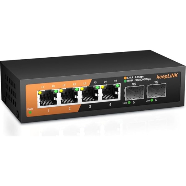 keepLiNK 6 pieslēgvietu 2.5G komutators bez vadības, 4 x 2.5GBASE-T porti un 2 x 10GBASE-T SFP ligzdas, 60Gbps komutācijas jauda, Plug & Play/Wall Mountable/Fan less Metal, saderīgs ar 1000Mbps ierīcēm