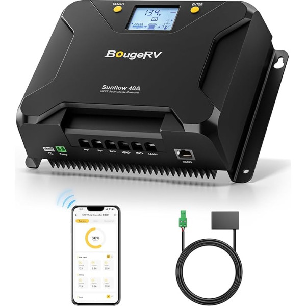 BougeRV Sunflow MPPT Solar Charge Controller 40A, w/ Low-Temp Cut-Off, App Control, Backlit LCD, 40 amp saules paneļu regulators 12V/24V LiFePO4, SLD, Gel, FLD, AGM akumulatoriem, RV, Marine, Upgraded