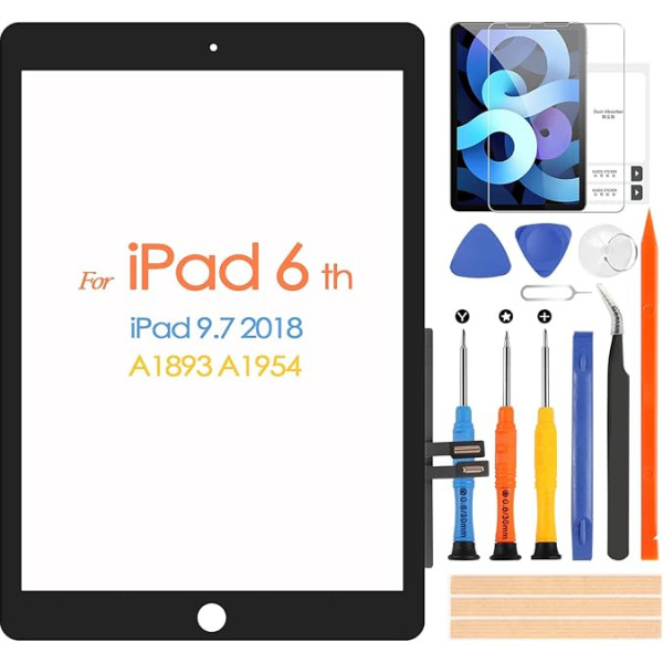 ARSSLY Skārienjūtīgais ekrāns iPad 2018 9.7 A1893 A1954 digitālizatora ekrāns priekš iPad 6 ar remonta komplektu, skārienjūtīgā ekrāna nomaiņa iPad 6 (bez sākuma pogas, bez LCD displeja) (melns)