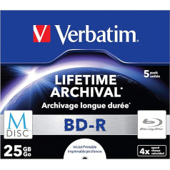 Verbatim MDISC BD-R Blu-ray Blu-ray disku bloki, 25 GB, Blu-ray-Disks mit 4-facher Schreibgeschwindigkeit, 5er-Pack Jewel Case, großflächig bedruckbar, Blu-ray-Disks für Video- und Audiodateien