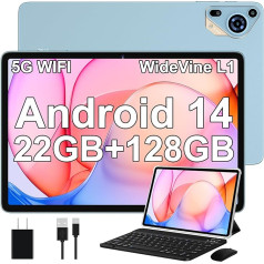 Planšetdators 10 collu Android 14 ar 22GB RAM + 128GB ROM (paplašināms līdz 1TB), 5G WiFi, GPS, Widevine L1, 2.0GHz Octa-Core, 8000mAh, 8MP+5MP, BT 5.0, 1280*800, planšetdators ar tastatūru + peli, zils