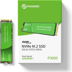 PHIXERO P3000 1TB NVMe M.2 SSD, PCIe 3.0, 3000 MB/s lasīšanas ātrums, iekšējais SSD spēļu un ikdienas lietojumiem