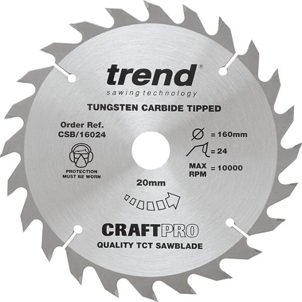 Trend Holz Kreissägeblatt, 160mm Durchmesser, 20mm Bohrung, 24 Zähne, HW, 2,4mm Schnittbreite, +15° Haken, CSB/16024