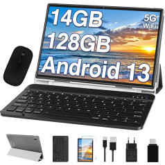 Planšetdators 10.1 collu Android 13 OS Octa Core 5G WiFi, 14GB RAM + 128GB ROM (TF 512GB/1TB), 2.0GHz, GMS sertifikāts, 8000mAh, 1280 x 800 HD-IPS, 5+8MP kamera, C tipa, ar peli un tastatūru - pelēks