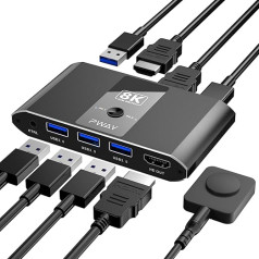 USB 3.0 HDMI KVM slēdzis 2 datoru 1 monitoram 8K@60Hz KVM slēdzis 2 datoru 1 monitora un USB ierīču koplietošanai, atbalsta kabeļa tālvadības pulti un pogu slēdžus, EDID