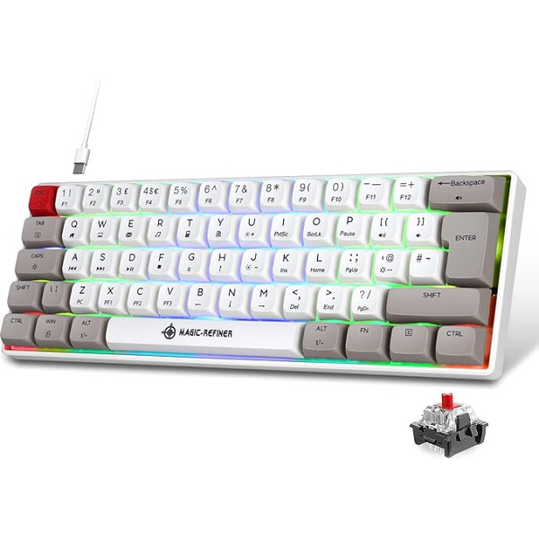 MAGIC-REFINER 60% mehāniskā vadu spēļu tastatūra, 62 taustiņi, kompakta, ar RGB fona apgaismojumu, sarkana slēdža spēļu tastatūra, ar LED apgaismojumu, datoram, PS4, PS5 - sarkana slēdža tastatūra