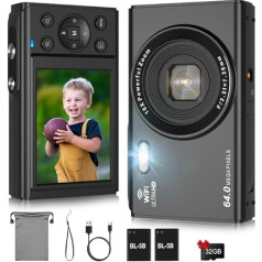 LAMA digitālā kamera, 4K 64MP mini digitālā kamera, automātiskās fokusēšanas kompaktā kamera, 2,8 collu LCD 16X tālummaiņas zibspuldzes digitālā kamera ar 32G karti, 2 baterijas, foto kamera bērniem, pusaudžiem, iesācējiem