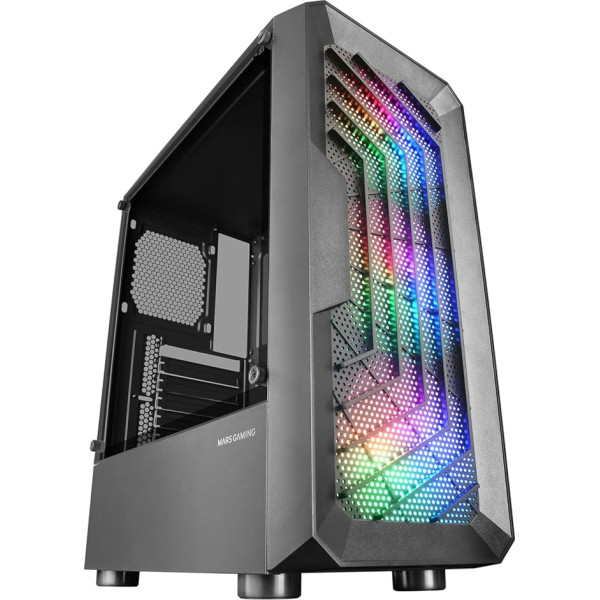 Mars Gaming MC-Tor ATX Gaming Semi Tower korpuss, melns, pilns sānu logs, priekšējais režģa dizains, 3 x FRGB 120 mm priekšējie ventilatori, divu kameru dizains