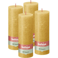 Bolsius Rustic Pillar Candles, okera dzeltens, 4 gabali, dekoratīvās mājas sveces, degšanas laiks 85 stundas, bez aromāta, dabīgs augu vasks, bez palmu eļļas, 19 x 7 cm