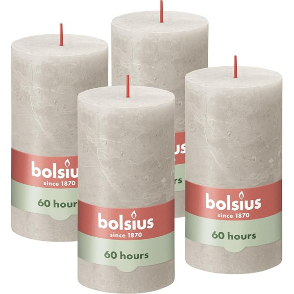 Bolsius Rustic Pillar Candles, gaiši pelēkas krāsas, 4 gab., dekoratīvās mājas sveces, degšanas laiks 60 stundas, bez aromāta, dabīgs augu vasks, bez palmu eļļas, 13 x 7 cm