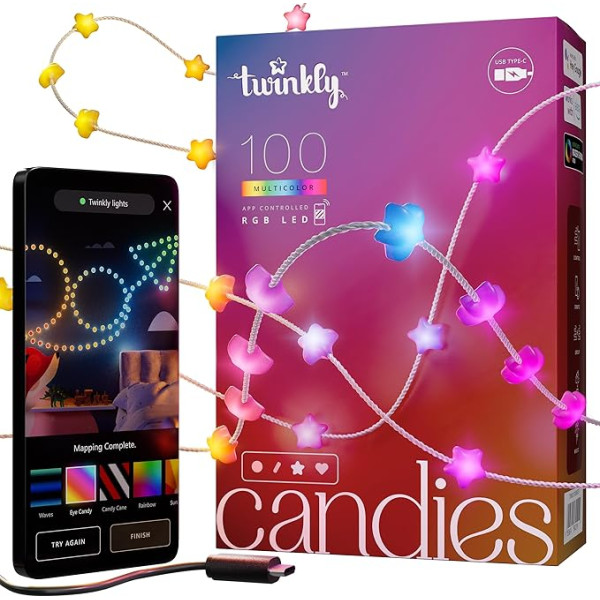 Twinkly Candies Zvaigžņu formas pasaku gaismas ar 100 RGB gaismas diodēm. 6 metri. Caurspīdīga stieple. Ar lietotnes vadību. USB-C barošana. Iekštelpu viedā mājas apgaismojuma apdare