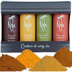 Khla - 4er Bio-Currys Geschenkset - Gelbes, Schwarzes, Rotes & Detox Grünes Curry - Pulver 4x 100 g - Exklusive Mischungen - Geschenkidee Weihnachten Geburtstag - Asiatische Gewürze - Aus Kambodscha