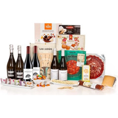 SAN JAMÓN. Ziemassvētku dāvanu grozs ar 50% Iberijas ozolzīļu šķiņķa, Iberico komplektu, Manchego sieru, Rioja Crianza vīnu un Ziemassvētku saldumiem. Gardēžu dāvana ar Iberijas produktiem.