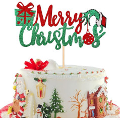 Xsstarmi 1 Pack Merry Christmas Cake Topper Glitter Ziemassvētku dāvanas Grinch Hand Cake Pick Ziemassvētku tēma Happy New Year Birthday Party Cake Dekorācijas piederumi