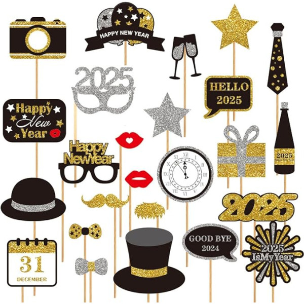 Dusenly 25 stücke 2024 Happy New Year's Eve Party Photo Booth Requisiten Gold Glitter 2024 Neujahr Party Requisiten Dekoration Gefälligkeiten