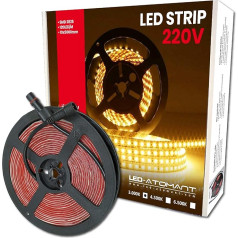 LED ATOMANT 5 metri LED Strip Light 220V ūdensizturīgs 60W 120LED/Metrs. Sagriezta 10 cm silti balta (3000K) 4800 lūmenu jaunākās paaudzes LED sloksne.