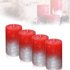 Candelo 4 sveču komplekts Ambiente Rustic Pillar Candlo - Sarkans metālisks sudraba krāsā - Liela svece 12 cm - degšanas laiks aptuveni 54 stundas Ziemassvētku sveces Adventes vainags