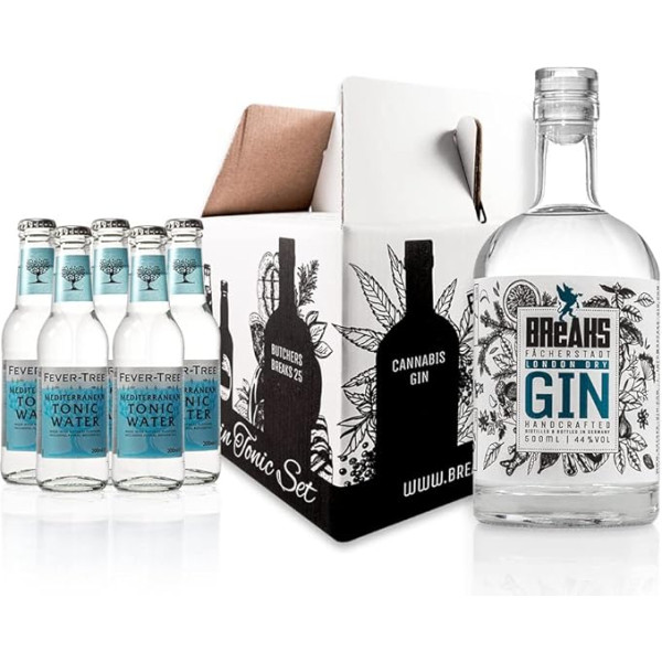 Breaks PREMIUM DRY Gin I London Dry Gin mit Lavendel & frischen Zitronen I Geschmack: Mild mit fruchtiger Note I Handgemacht in Deutschland I Gin Tonic Set mit 0,5 L Gin & 5 Flaschen Tree Tonic Water