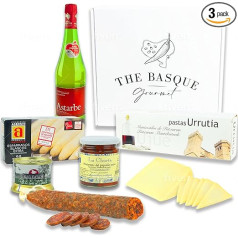 THE BASQUE Gourmet - dāvanu komplekts - svētku un Ziemassvētku dāvanu grozs ar sieru, sparģeļiem, pikiljo pipariem, Foie Godfather, mandeļu konditorejas izstrādājumiem, chorizo, sviesta konditorejas izstrādājumiem, dabīgo sidru - luksusa dāva