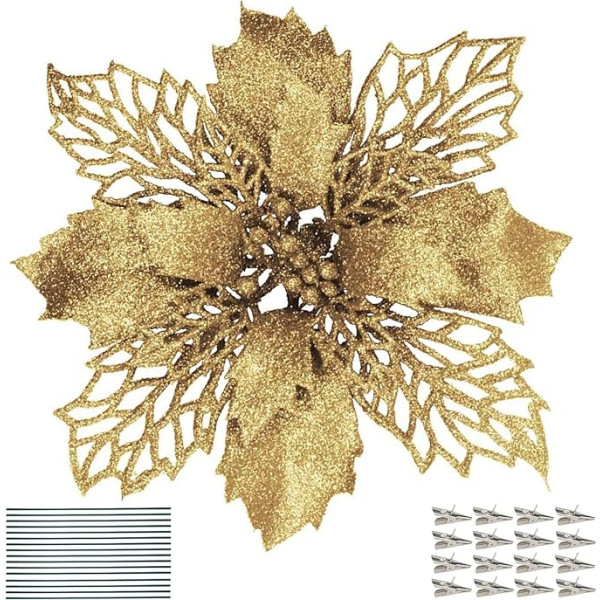 DWTECH 16 gabali Puansetijas ziedi Mākslīgās puķes Glitter Poinsettia Ziemassvētku vainags Ziemassvētku eglītes rotājumi Ziemassvētku rotājumiem (16 cm) (Zelta)