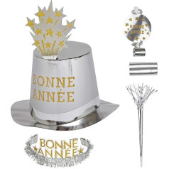 Widmann 8008F- Party-Set Bonne Année, Silber, Set aus 5 Partyhüten, 5 Kronen, 5 Partytrompeten, 5 Tröten und 1 Pack Luftschlangen, Französisch, Silvester, Hut, Kopfschmuck, Accessoire, Mottoparty