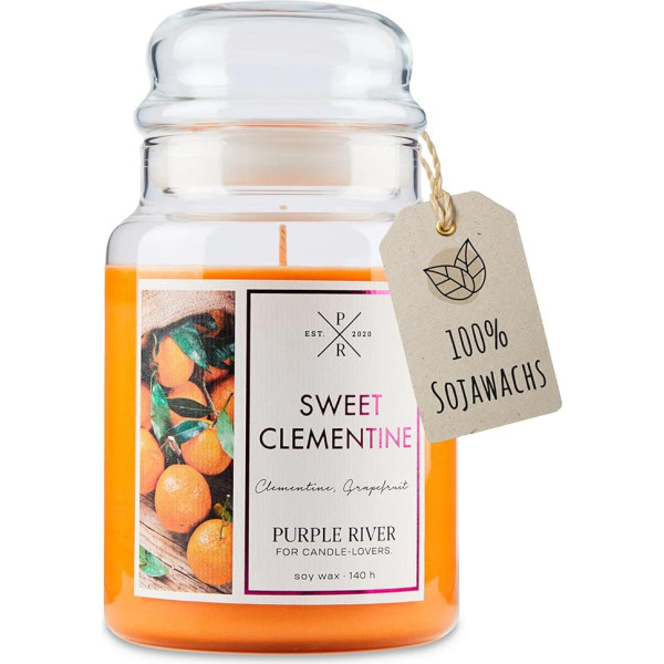 Purple River Candle Liela aromātiska svece glāzē ar vāku Sweet Clementine Scented Candle Orange Candles Ilgs degšanas laiks (140 h) Sojas vaska sveces Sojas vaska sveces Orange (623 g)